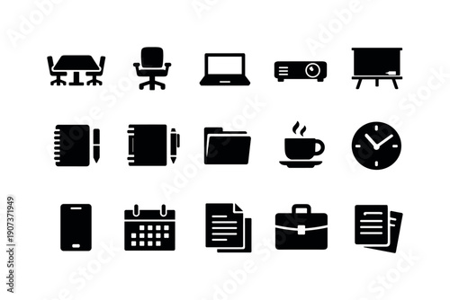 Education Consulting meetings in silhouette style: conference table, chair, laptop, projector, whiteboard, marker, notebook, pen, folder, coffee cup, clock