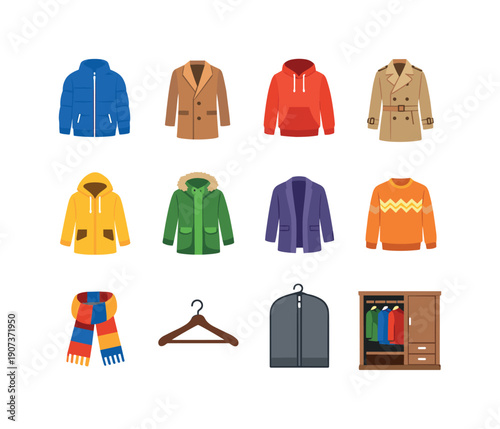 Everyday outerwear essentials in flat style: jacket, coat, hoodie, trench coat, raincoat, parka, cardigan, sweater, scarf, hanger, garment bag, wardrobe