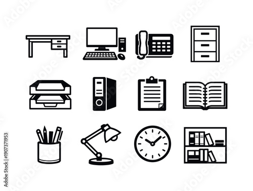 Asset tracking administration workspace in linear style: office desk, desktop computer, desk phone, filing cabinet, document tray, binder, clipboard, notebook