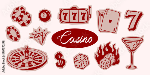 Hand drawn casino set with gambling symbols including slot machine, cards, dice, and roulette. Vintage collage style vector illustration.