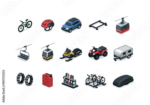 Mountain travel transportation equipment in simple isometric flat vector style: mountain bike, helmet, car, roof rack, cable car, chairlift, gondola, snowmobile