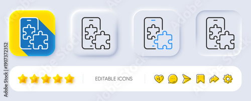 Phone puzzle line icon. Neumorphic, Flat shadow, 3d buttons. Smartphone app sign. Cellphone mobile device symbol. Line phone puzzle icon. Social media icons. Vector