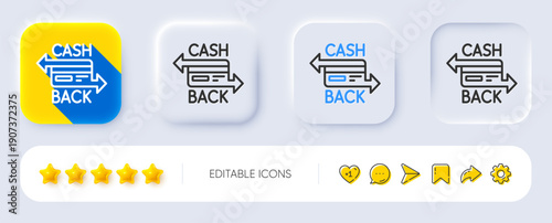 Credit card line icon. Neumorphic, Flat shadow, 3d buttons. Banking Payment card sign. Cashback service symbol. Line cashback card icon. Social media icons. Vector