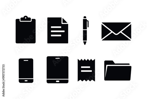 Finance support toolkit silhouette style: clipboard, paper form, pen, envelope, smartphone, tablet, receipt, folder