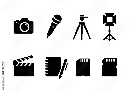 Minimalist Media Icons. Media Production in silhouette style: camera, microphone, tripod, lighting, video clapper, notebook, pen, memory card