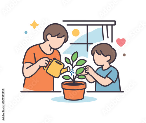 Everyday family care expressed through simple shared routine inside the home, a parent and child watering a house plant together near a window representing