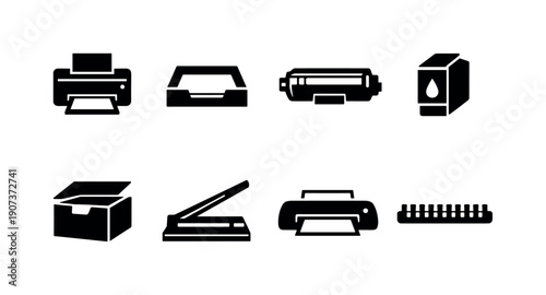 Office printing station items: printer, paper tray, toner cartridge, ink cartridge, document box, paper cutter, laminator, binding comb