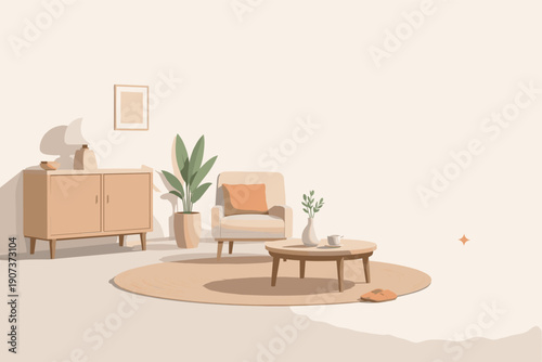 Minimalist Interior Design. Minimal interior decor styling with sparse furniture and plant elements loosely arranged seen from a