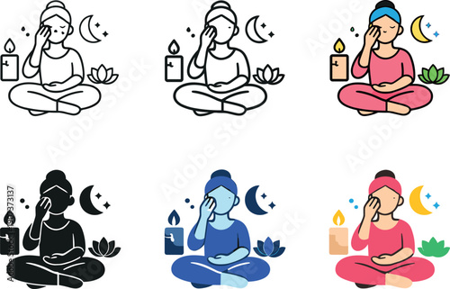 Self-Care Icon Grid. Self-care ritual icon showing a person performing calming and restorative activities such as skincare,
