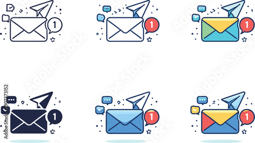 Message sending icon showing stylized envelopes, paper planes, notifications, and digital messaging symbols representing email