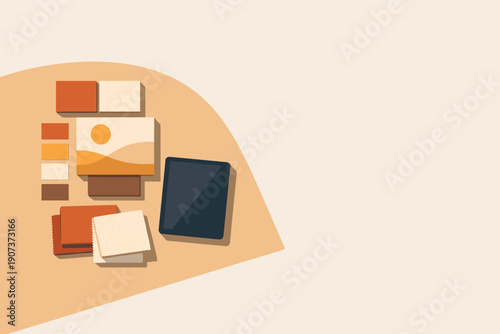 Creative moodboard workspace concept with simple moodboard tiles color swatches fabric samples and tablet arranged neatly seen