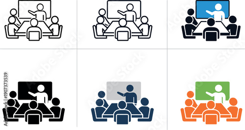 Meeting room icon showing stylized tables, chairs, presentation screens, and people silhouettes representing collaboration,