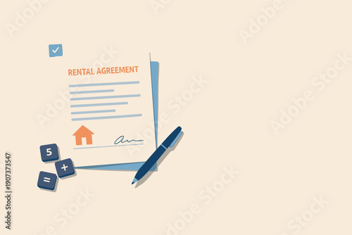 Minimal apartment rental paperwork concept with lease document calculator keys and pen loosely arranged seen from a top-down