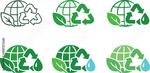 Green ecology icon depicting a stylized leaf, globe, recycle symbol, and water drop representing environmental sustainability,