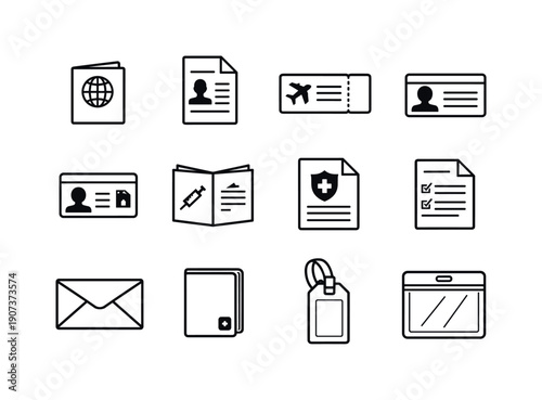 Essential travel identification documents in linear style: passport, visa document, boarding pass, identity card, residence permit, vaccination booklet, travel