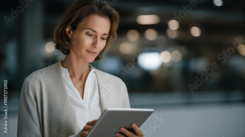 Focused government IT specialist holding tablet, monitoring global network systems and cyber intelligence data, teamwork environment emphasizing diversity and modern innovation in the public