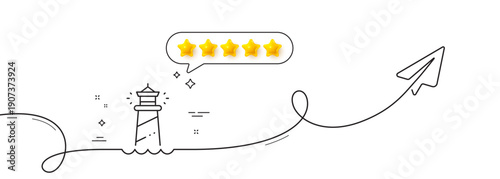 Lighthouse line icon. Continuous line with share plane. Searchlight tower sign. Beacon symbol. Five star rate review in speech bubble. Lighthouse single line ribbon. Loop curve pattern. Vector