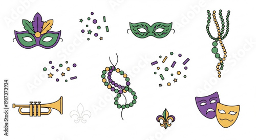 Mardi gras masks beads and trumpet for carnival celebrations
