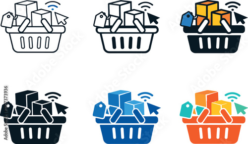 E-commerce basket icon depicting a stylized shopping basket, product boxes, price tags, and digital transaction symbols