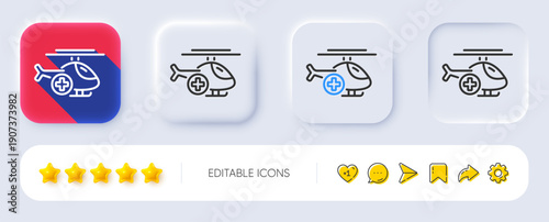 Medical helicopter line icon. Neumorphic, Flat shadow, 3d buttons. Emergency sky transport sign. Line medical helicopter icon. Social media icons. Vector