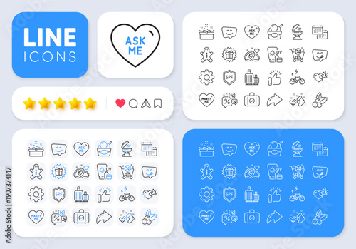 Yummy smile, Santa boots and Smile face line icons for web app. Message, Share, Like social media icons. Pack of Ice cream, Marry me, E-bike pictogram icons. Vector