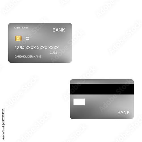 Two gray bank credit cards displayed from front and back perspectives, showing contactless payment chip and card details with masked account number.