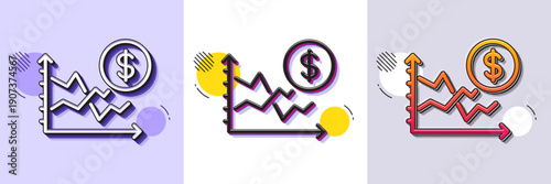 Dollar rates line icon. Halftone dotted pattern. Gradient icon with grain shadow. Currency exchange sign. Money trade symbol. Line dollar rate icon. Various designs. Vector