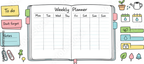 Open weekly planner spread, tabbed notebook pages, paper clips and sticky notes, small reminder icons for Plant watering schedule