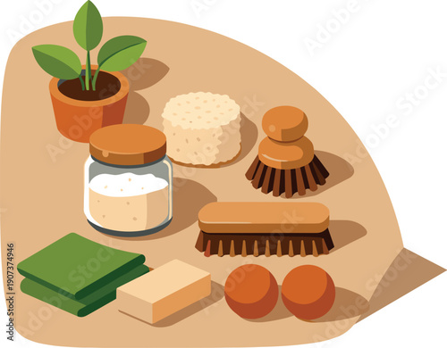 Eco-friendly household routine with simple reusable cleaning tools plant and storage jar arranged neatly seen from top-down view,