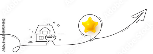 Home grill line icon. Continuous line with share plane. Barbecue cooker for cooking food sign. Meat brazier symbol. 3d star in speech bubble. Home grill single line ribbon. Loop curve pattern. Vector