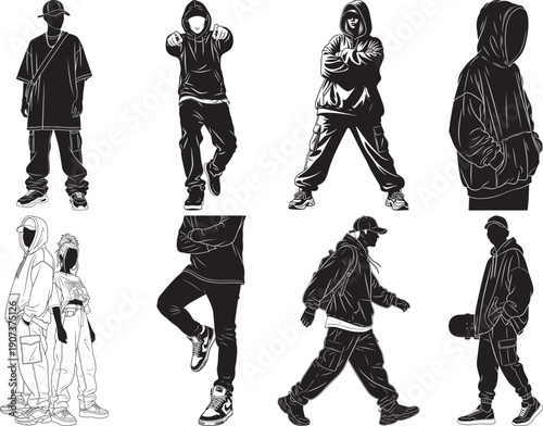 Streetwear Style Silhouette Collection: Hip Hop Dancers, Skaters, and Urban Fashion Figures