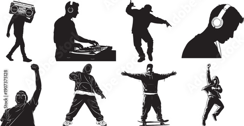Hip Hop Culture Silhouettes: Dancers, DJs, Boombox Carrier, and Energetic Poses