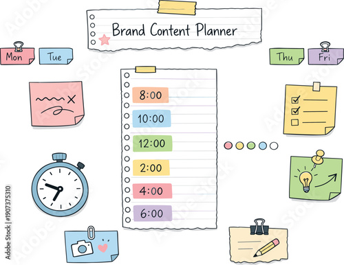 Daily schedule timeline with time blocks, timer and notebook page scraps, sticky notes and progress dots for Brand content