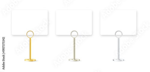 Table stand with metal clip holding blank card for business display. Realistic mockup for restaurant sign, office memo, or desktop message template. Vector