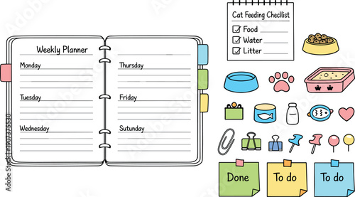 Open weekly planner spread, tabbed notebook pages, paper clips and sticky notes, small reminder icons for Cat feeding checklist