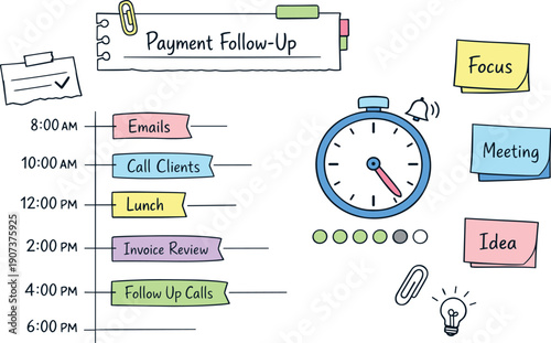 Daily schedule timeline with time blocks, timer and notebook page scraps, sticky notes and progress dots for Payment follow up