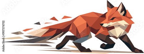 Low-poly vector illustration of a fox accelerating away after the quick turn, confident angular stride with tail streamlined