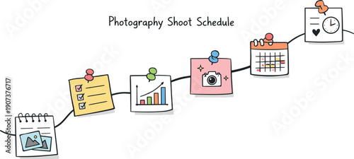 Milestone roadmap path, notebook strips as checkpoints, mini chart and calendar icons, pinned sticky notes for Photography shoot