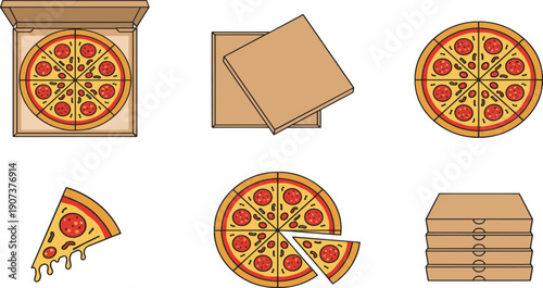 Pizza Vector Illustration Set with Pepperoni Pizza in Cardboard Box Slices with Melting Cheese and Stack of Delivery Boxes