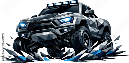 Low-poly vector illustration of an off-road truck charging toward a water obstacle, angular front view with suspension compressed
