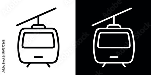 Cable car icon vector illustration, aerial tramway transportation symbol, flat black and white isolated background