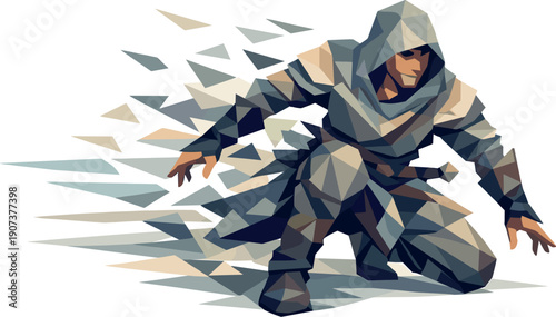 Warrior in Motion. Low-poly vector illustration of a warrior stabilizing after the teleport flash step, balanced angular stance