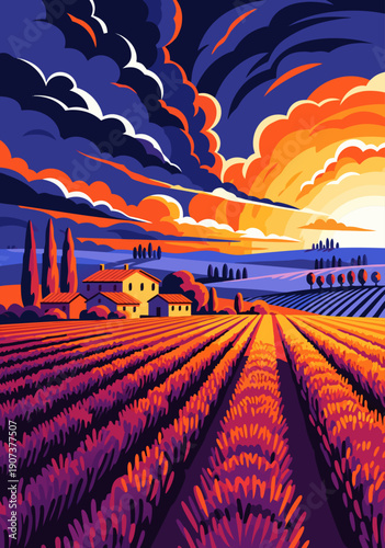 Vibrant Sunset Over Lavender Field A Stunning Vector Illustration of Rural Provence Landscape with Rolling Hills and Tuscan Farmhouse, Evoking Serenity and Beauty