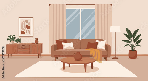 Cozy Living Room Vector Illustration with Mid-Century Modern Furniture and Warm Lighting - Eps 12
