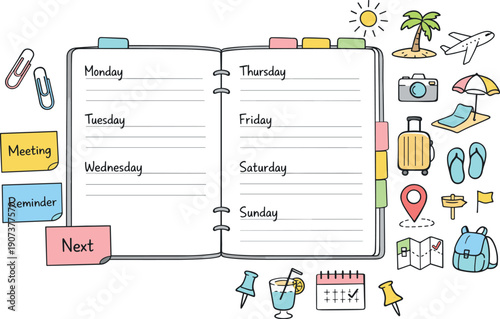 Open weekly planner spread, tabbed notebook pages, paper clips and sticky notes, small reminder icons for Vacation days planner