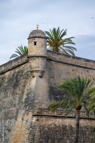 Fortress wall with tower, Royal Palace La Almudaina, Palau Reial de lAlmudaina, Palma de Majorca, Majorca, Balearic Islands, Spain