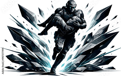 Low-poly vector illustration of a rescuer breaking through danger while carrying the survivor, bold angular silhouette moving