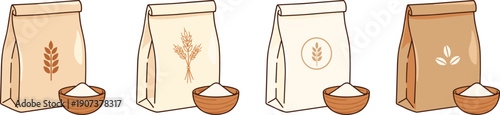 Paper Flour Bag Vector Illustration Set with Wheat and Coffee Bean Icons Organic Grain Flour and Small Wooden Bowls Pack
