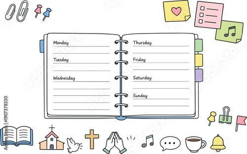 Open weekly planner spread, tabbed notebook pages, paper clips and sticky notes, small reminder icons for Sermon notes notebook