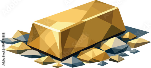 Low-poly vector illustration of the outcome after a gold bar drop, gold bar resting solidly in a stable final position with